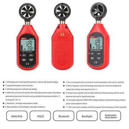 Portable UT363BT Digital Anemometer for Measure Wind Speed and Temperature by Bluetooth Red