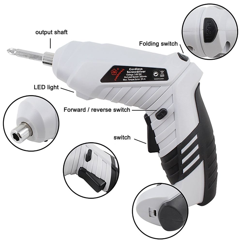 Foldable Electric Screwdriver, Rechargeable Cordless Screwdriver with USB Cable, Small Power Drill Set with Adjustable Torque and LED Light, for Home, Office, and DIY Tool Projects