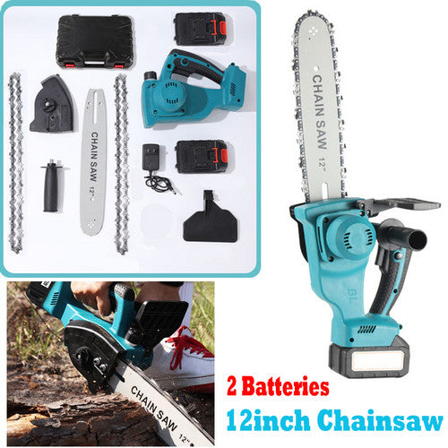 12"inch Cordless Electric Chainsaw + 2 Battery 2 Chain Brushless Wood Cutter Saw