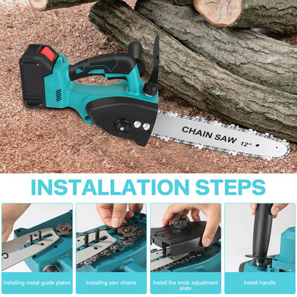 12"inch Cordless Electric Chainsaw + 2 Battery 2 Chain Brushless Wood Cutter Saw