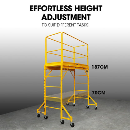 Baumr-AG 1.9 x 0.8 x 1.8m Adjustable Mobile Scaffold Platform, Guard Rail, Outrigger Wheel Set, Trapdoor Hatch
