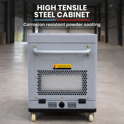 GENPOWER 6.5kW Peak 5kW Rated Diesel Inverter Commercial Generator, Electric Key Start, 2 x 15A, RCD Safety Switch, Wheels, Worksite, Home Backup