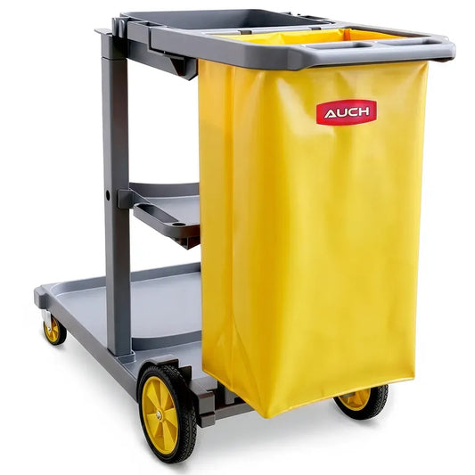 AUCH Janitor Cleaning Trolley, Housekeeping Cart, 3 Shelves, Tool Storage Clamp, Wet Sign Hook, Quiet Wheels, Grey