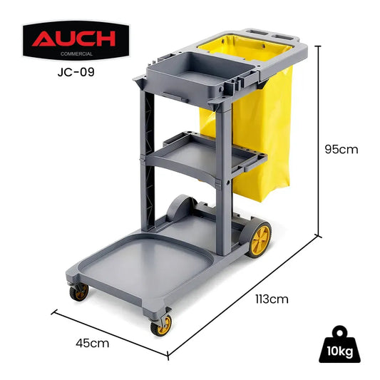 AUCH Janitor Cleaning Trolley, Housekeeping Cart, 3 Shelves, Tool Storage Clamp, Wet Sign Hook, Quiet Wheels, Grey