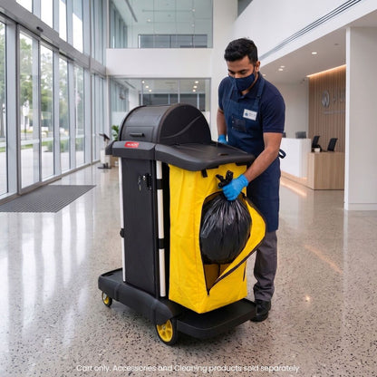 AUCH Double Bag Janitor Cleaning Trolley, Housekeeping Cart, Lockable Cabinet with Storage Tubs, Quiet Wheels, Black