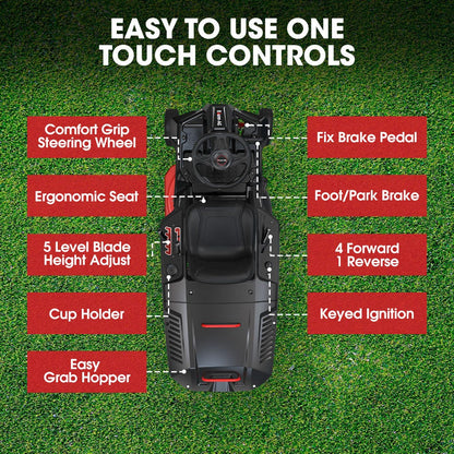 BAUMR-AG 24" Ride On Lawn Mower, Lithium Electric Start System, 6HP 224cc, 5 Cut Heights, Catcher and Mulch Kit