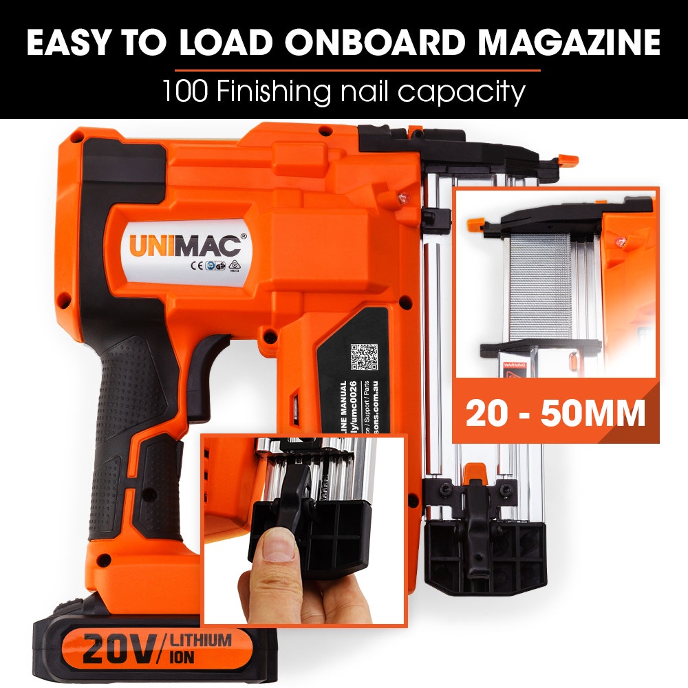 UNIMAC CLS400 20-50mm 16ga Finishing Nail Gun, Cordless 20V Lithium Nailer Kit