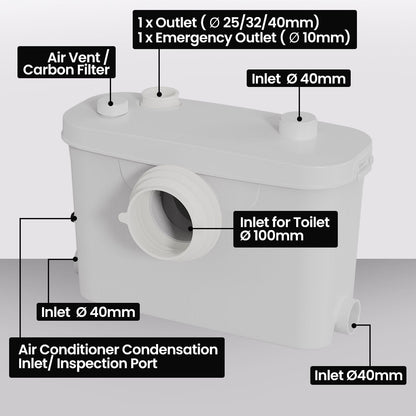 PROTEGE Macerator Pump, with 4 Inlet, for P-Trap Toilet, House, Bathroom, Shower, Sink, Washing Machine