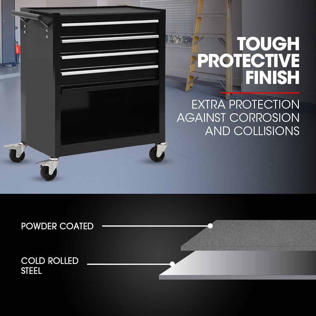 Bullet Pro 4 Drawer Tool Box Cabinet Trolley Storage, with 1-Door Toolbox Garage Organiser Set, Black