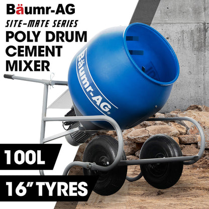 BAUMR-AG 100L Portable Poly Drum Cement Concrete Mixer, Ultra-Light 36kg, 16 Inch Tyres, Electric Direct Drive Motor