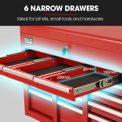 BULLET Pro 9 Drawer Tool Box Chest, Organiser Mechanic Garage Storage Toolbox Set - Red