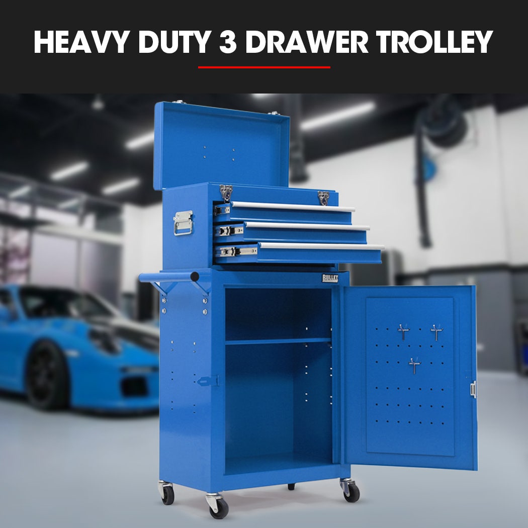 Bullet Pro 3 Drawer Tool Box Cabinet Trolley Storage, with 1-Door Toolbox Garage Organiser Set, Blue