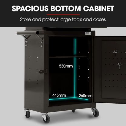 Bullet Pro 3 Drawer Tool Box Cabinet Trolley Storage, with 1-Door Toolbox Garage Organiser Set, Black