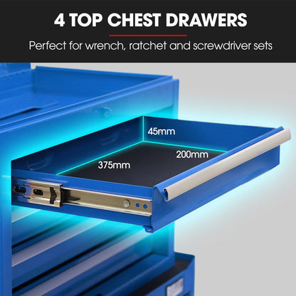 Bullet Pro 5 Drawer Tool Box Cabinet Chest Storage, with 1-Door Toolbox Garage Organiser Set, Blue