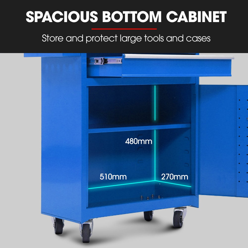 Bullet Pro 5 Drawer Tool Box Cabinet Chest Storage, with 1-Door Toolbox Garage Organiser Set, Blue
