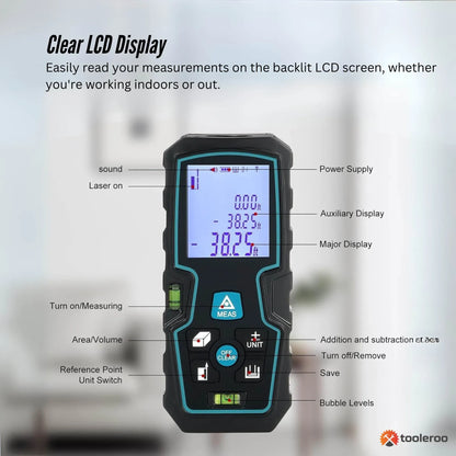 Tooleroo 40m Digital Laser Distance Measurer - LCD Area Volume Meter Tool
