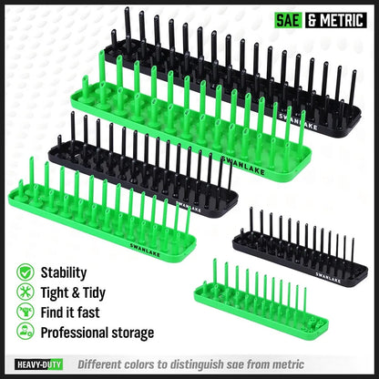 SWANLAKE 6-Piece Socket Tray Rack Organizer – Metric & SAE, 1/4" 3/8" 1/2" Drive