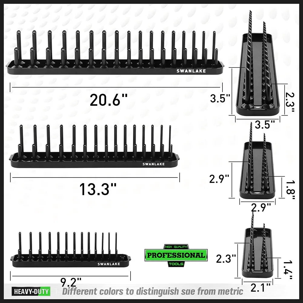 SWANLAKE 6-Piece Socket Tray Rack Organizer – Metric & SAE, 1/4" 3/8" 1/2" Drive