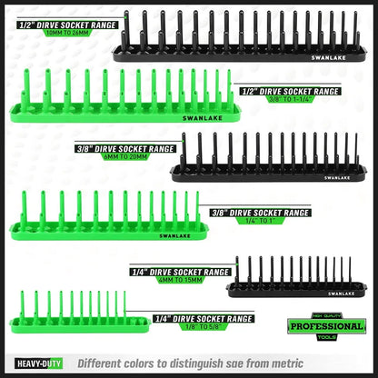 SWANLAKE 6-Piece Socket Tray Rack Organizer – Metric & SAE, 1/4" 3/8" 1/2" Drive