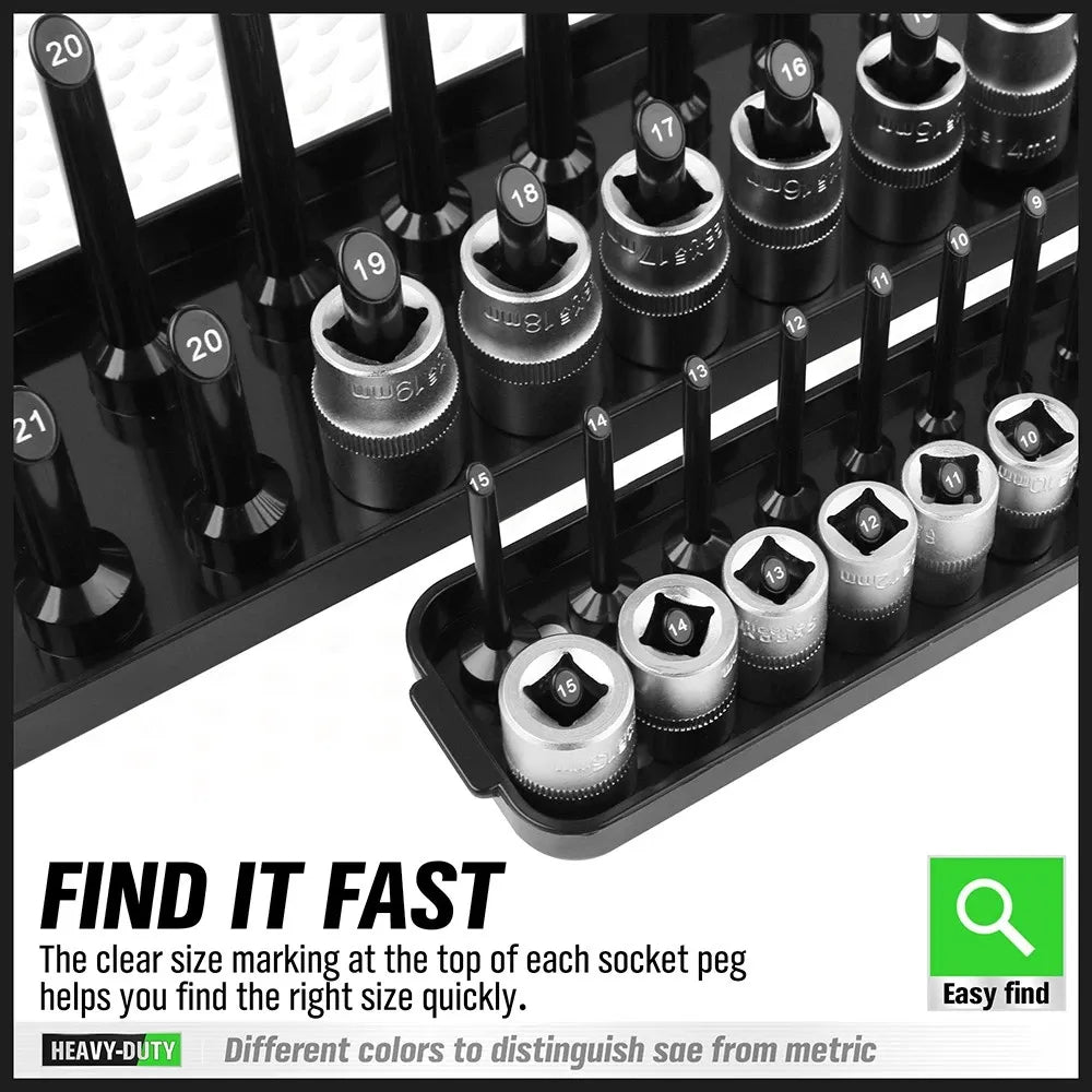 SWANLAKE 6-Piece Socket Tray Rack Organizer – Metric & SAE, 1/4" 3/8" 1/2" Drive