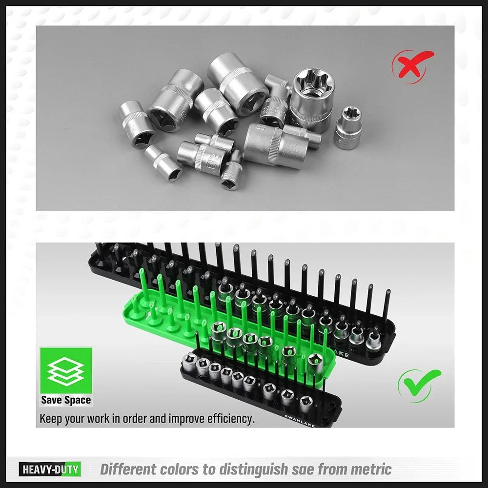 SWANLAKE 6-Piece Socket Tray Rack Organizer – Metric & SAE, 1/4" 3/8" 1/2" Drive