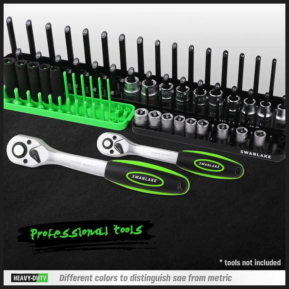SWANLAKE 6-Piece Socket Tray Rack Organizer – Metric & SAE, 1/4" 3/8" 1/2" Drive