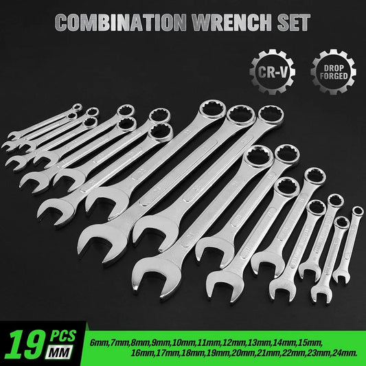 Swanlake 19-Piece Stubby Combination Spanner Set Metric 6–24 mm CR-V 12 Point Open End