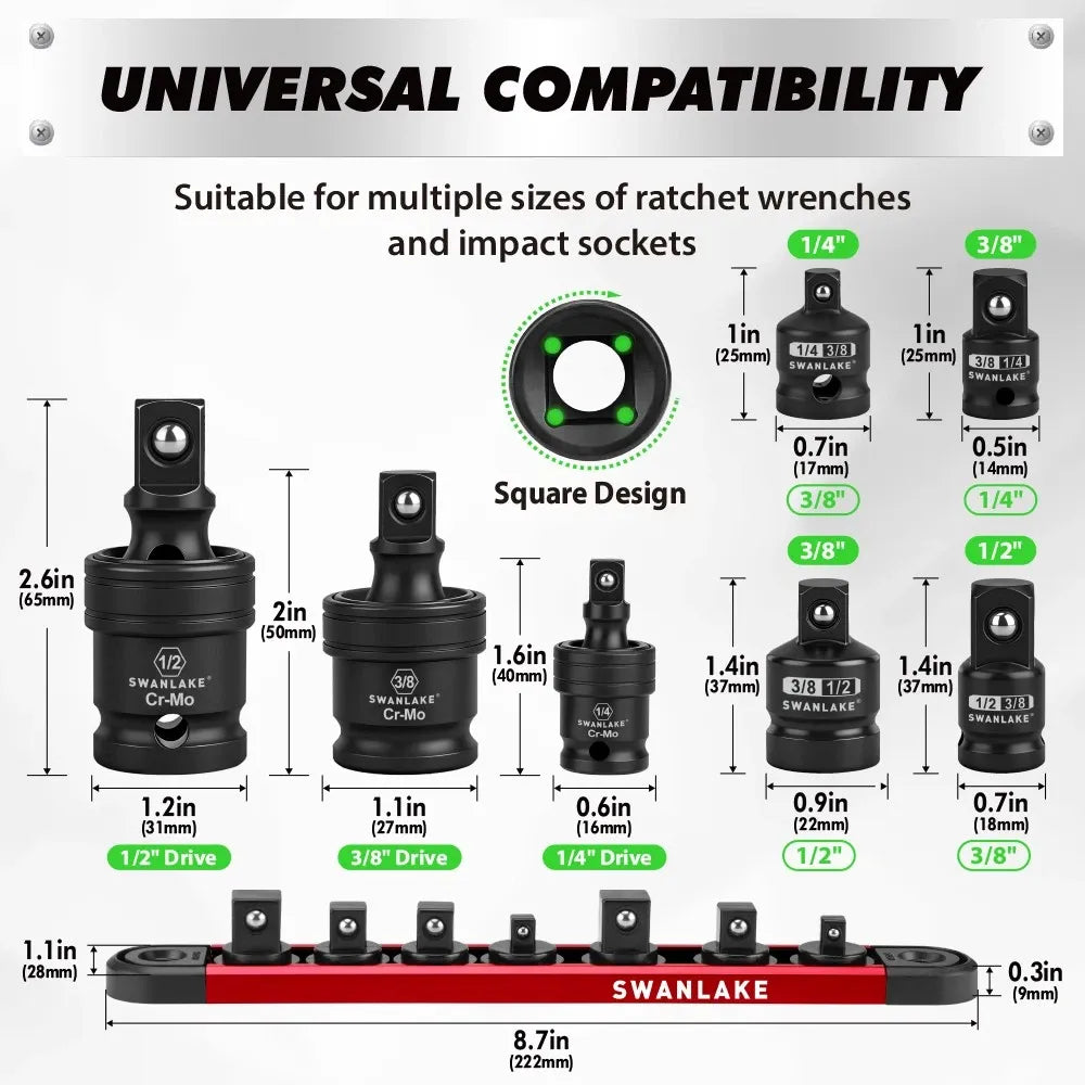 SWANLAKE 7-Piece Magnetic Impact Universal Joint Socket Adapter Set – CR-V Wobble U-Joint