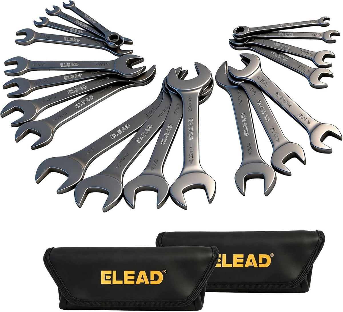 ELEAD 19-Piece Thin Open End Spanner Set, Metric 5.5–27 mm & SAE 1/4"-1-1/16", CR-V Nickel Plated