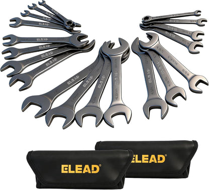 ELEAD 19-Piece Thin Open End Spanner Set, Metric 5.5–27 mm & SAE 1/4"-1-1/16", CR-V Nickel Plated