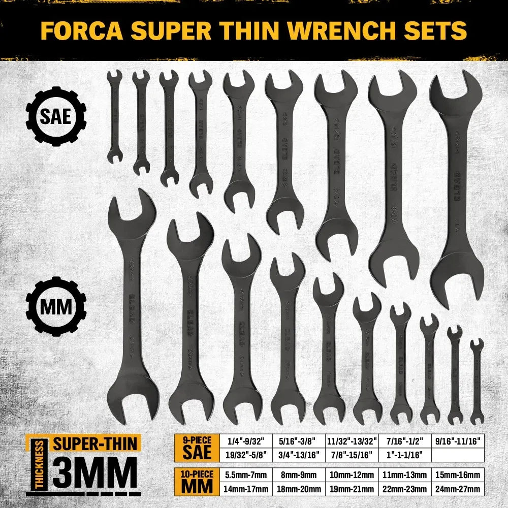 ELEAD 19-Piece Thin Open End Spanner Set, Metric 5.5–27 mm & SAE 1/4"-1-1/16", CR-V Nickel Plated