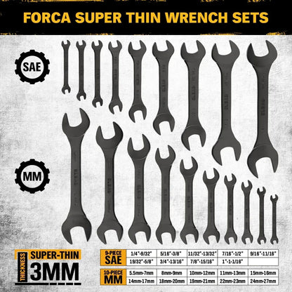 ELEAD 19-Piece Thin Open End Spanner Set, Metric 5.5–27 mm & SAE 1/4"-1-1/16", CR-V Nickel Plated