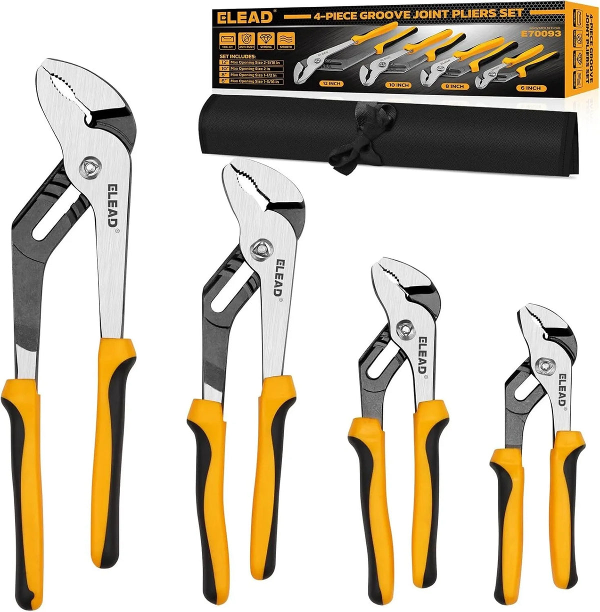 ELEAD 4-Pieces 6/8/10/12" Water Pump Pliers Slip Groove Joint Grip Wrench Pipe Fitting