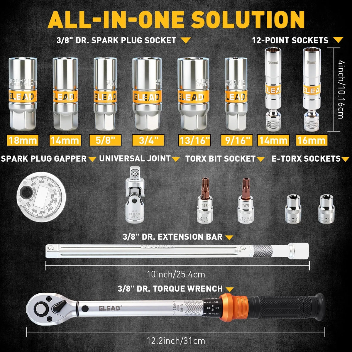 ELEAD 16-Piece 3/8" Drive Spark Plug Socket Set with Torque Wrench, Swivel Sockets, Extension Bar & Torx Bits