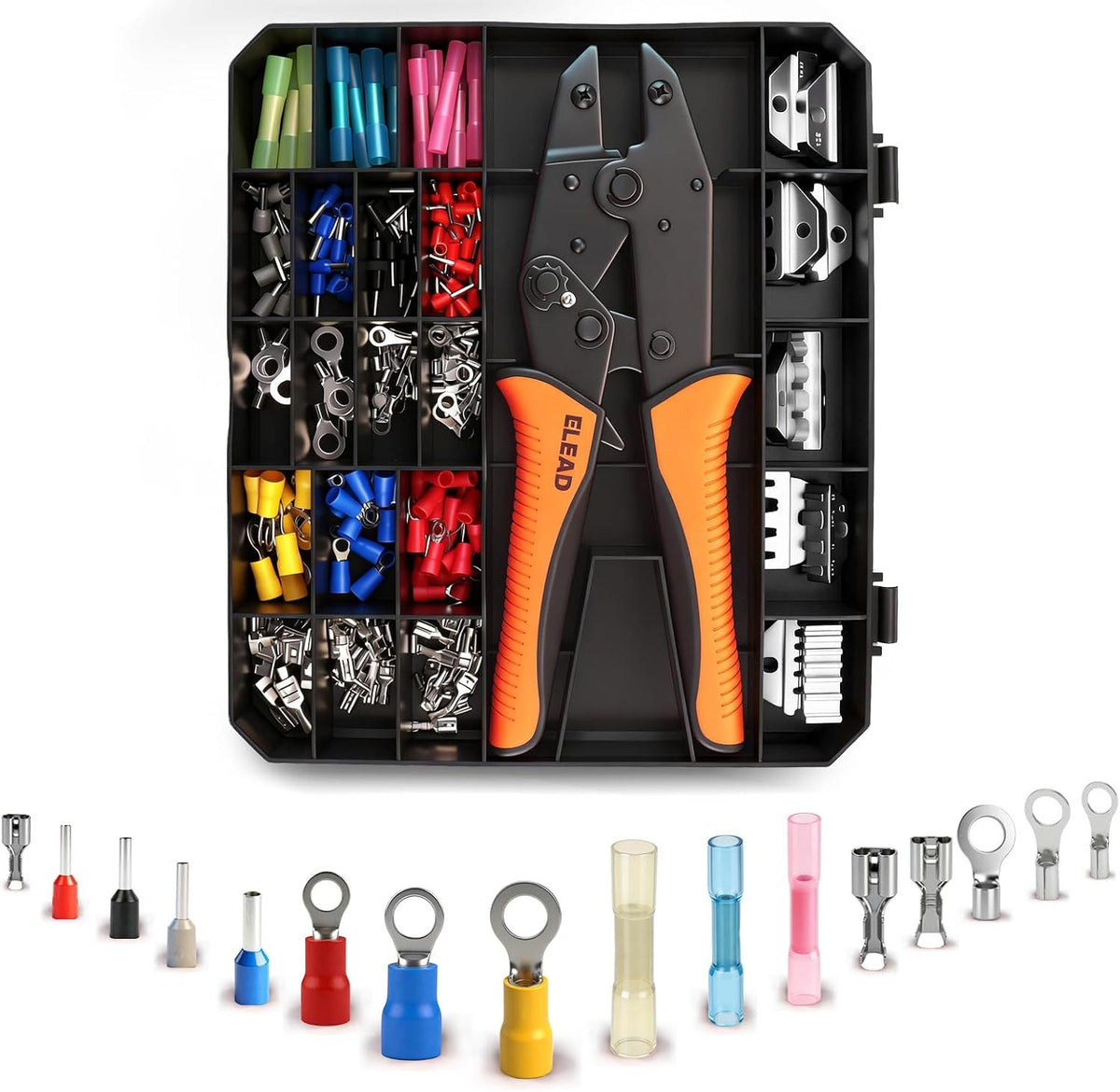 ELEAD 200-Piece Wire Crimping Tool Kit with 5 Interchangeable Jaws, Ratcheting Ferrule Crimper for Insulated