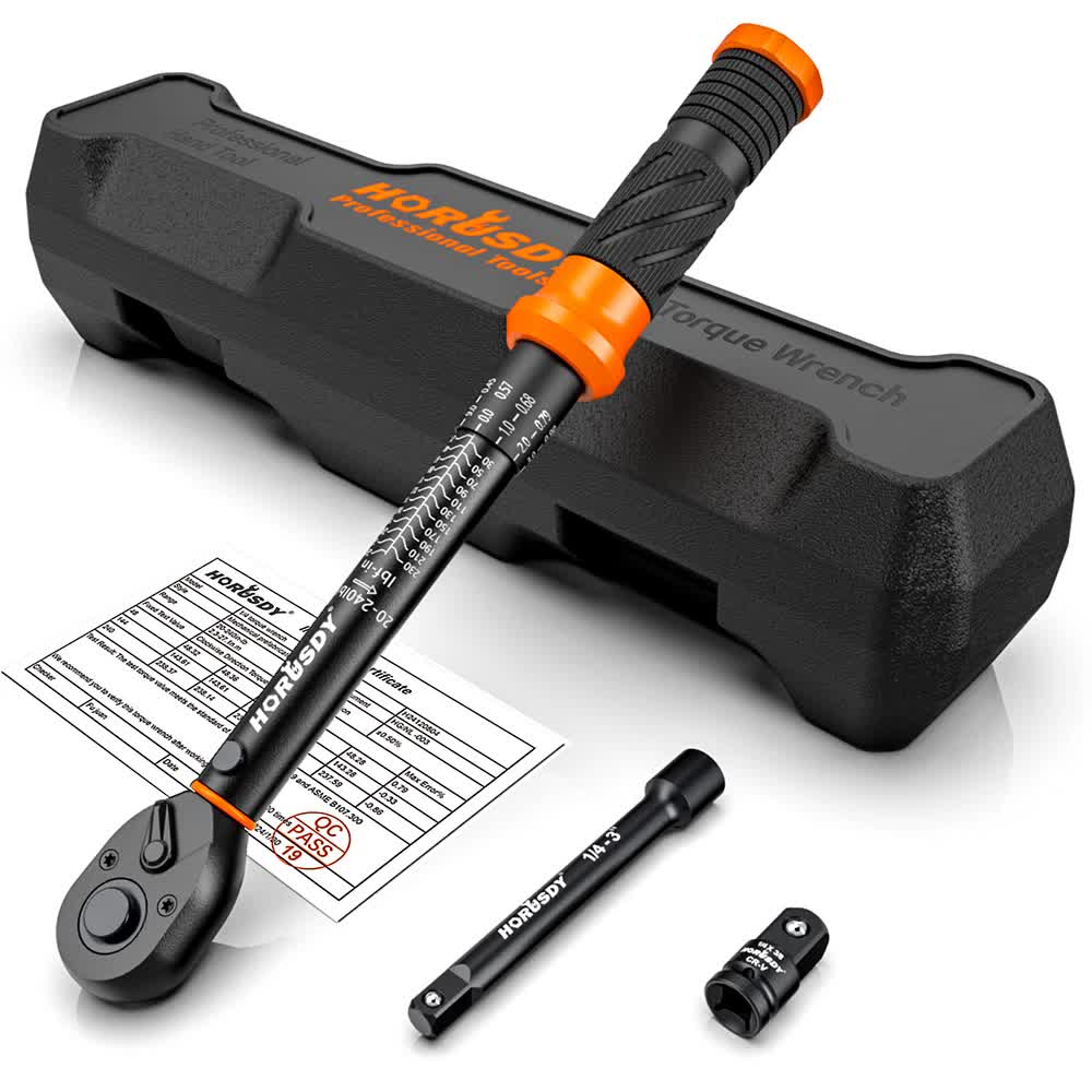 HORUSDY 1/4-Inch Torque Wrench Set, 20-240 in-lb/2.3-27.1 Nm Dual Scale, ±3% Accuracy, Reversible Click Torque Wrench with 3" Extension Bar & 1/4" to 3/8" Adapter