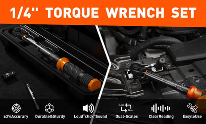 HORUSDY 1/4-Inch Torque Wrench Set, 20-240 in-lb/2.3-27.1 Nm Dual Scale, ±3% Accuracy, Reversible Click Torque Wrench with 3" Extension Bar & 1/4" to 3/8" Adapter