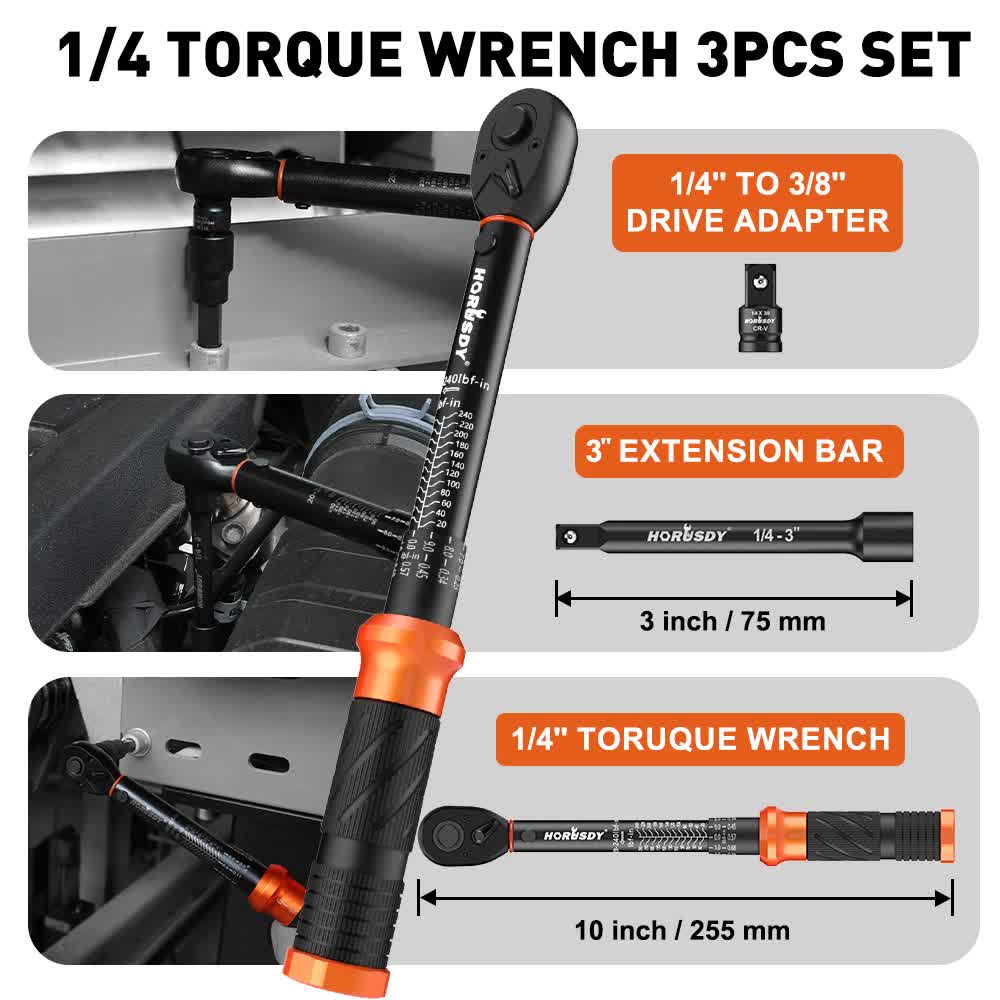 HORUSDY 1/4-Inch Torque Wrench Set, 20-240 in-lb/2.3-27.1 Nm Dual Scale, ±3% Accuracy, Reversible Click Torque Wrench with 3" Extension Bar & 1/4" to 3/8" Adapter