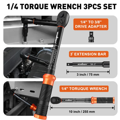 HORUSDY 1/4-Inch Torque Wrench Set, 20-240 in-lb/2.3-27.1 Nm Dual Scale, ±3% Accuracy, Reversible Click Torque Wrench with 3" Extension Bar & 1/4" to 3/8" Adapter