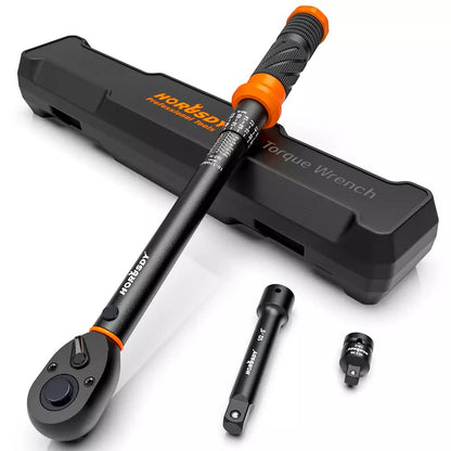 HORUSDY 1/2" Drive Click Torque Wrench Set, 13.6–230.5 Nm / 10–170 ft-lb, Dual Scale, ±3% Accuracy, Reversible Ratchet with Extension Bar & Adapter – Heavy Duty for Automotive & Mechanical Use