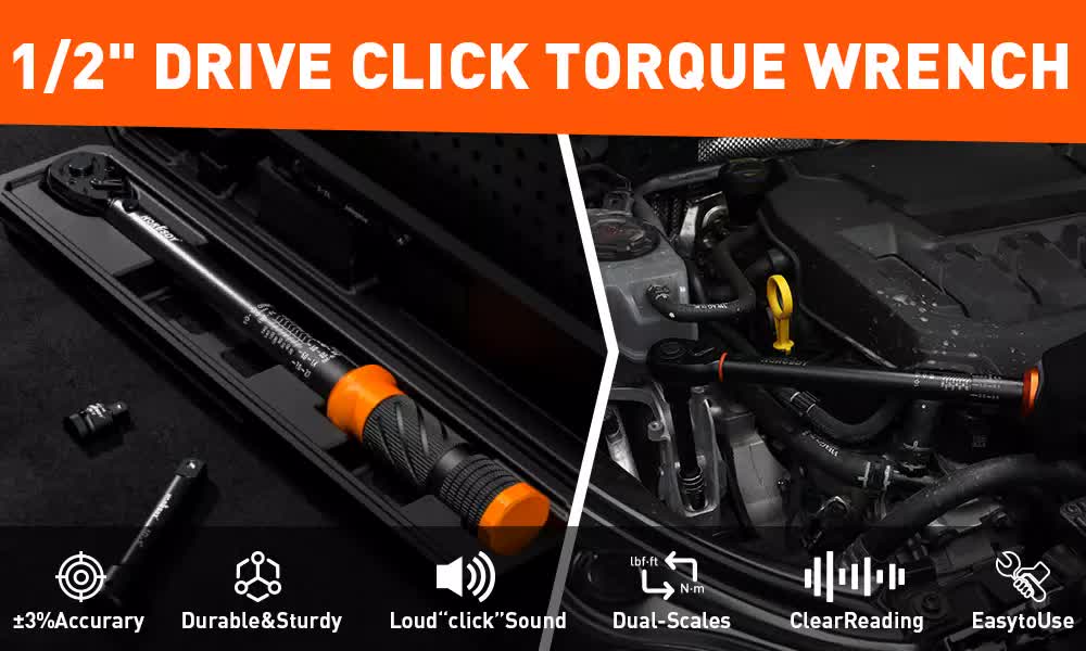 HORUSDY 1/2" Drive Click Torque Wrench Set, 13.6–230.5 Nm / 10–170 ft-lb, Dual Scale, ±3% Accuracy, Reversible Ratchet with Extension Bar & Adapter – Heavy Duty for Automotive & Mechanical Use