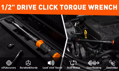 HORUSDY 1/2" Drive Click Torque Wrench Set, 13.6–230.5 Nm / 10–170 ft-lb, Dual Scale, ±3% Accuracy, Reversible Ratchet with Extension Bar & Adapter – Heavy Duty for Automotive & Mechanical Use
