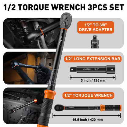 HORUSDY 1/2" Drive Click Torque Wrench Set, 13.6–230.5 Nm / 10–170 ft-lb, Dual Scale, ±3% Accuracy, Reversible Ratchet with Extension Bar & Adapter – Heavy Duty for Automotive & Mechanical Use