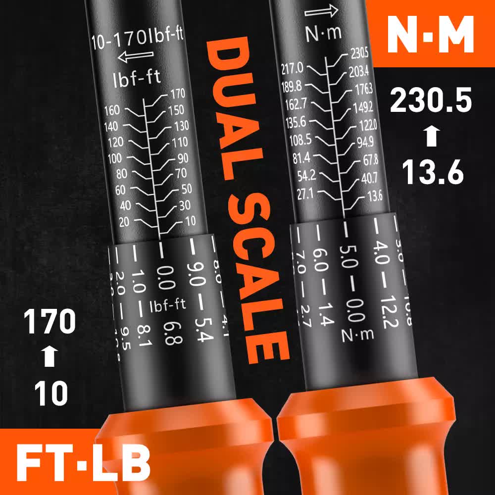 HORUSDY 1/2" Drive Click Torque Wrench Set, 13.6–230.5 Nm / 10–170 ft-lb, Dual Scale, ±3% Accuracy, Reversible Ratchet with Extension Bar & Adapter – Heavy Duty for Automotive & Mechanical Use