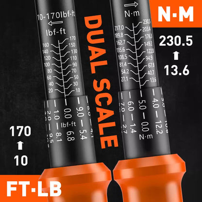 HORUSDY 1/2" Drive Click Torque Wrench Set, 13.6–230.5 Nm / 10–170 ft-lb, Dual Scale, ±3% Accuracy, Reversible Ratchet with Extension Bar & Adapter – Heavy Duty for Automotive & Mechanical Use