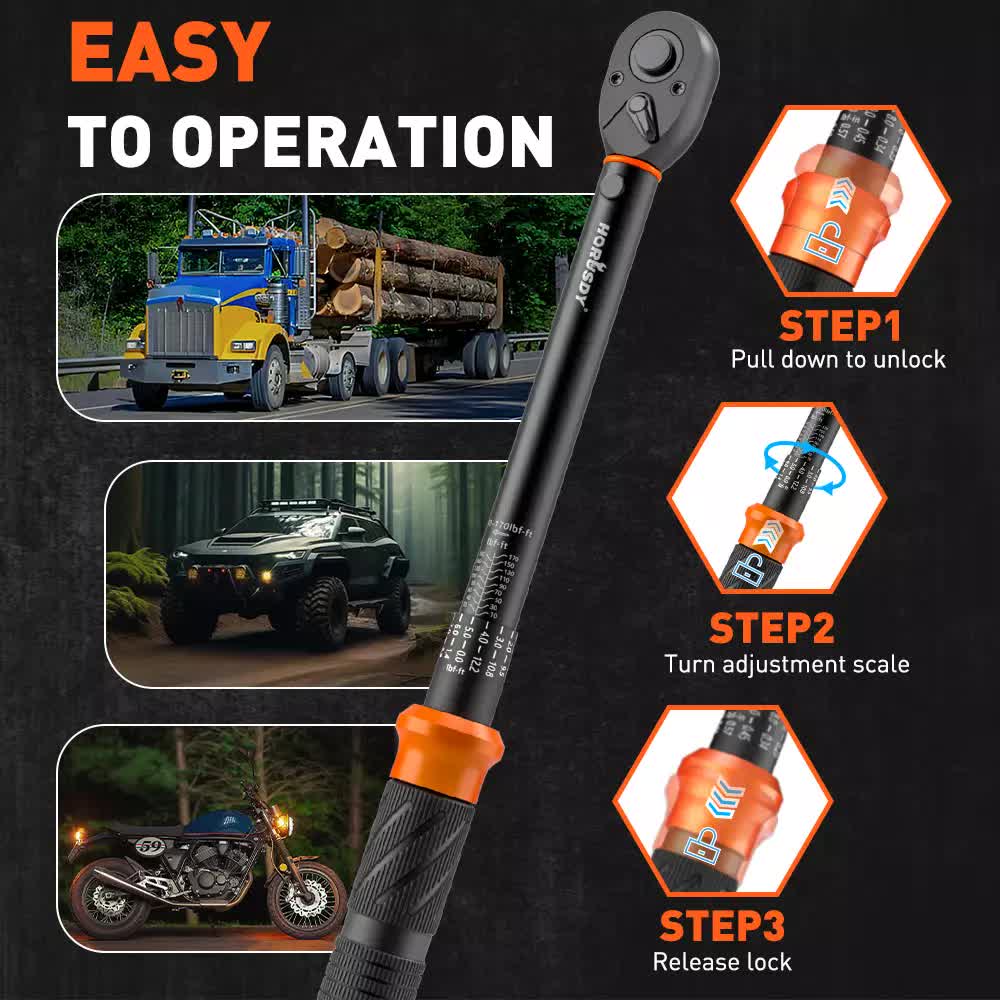 HORUSDY 1/2" Drive Click Torque Wrench Set, 13.6–230.5 Nm / 10–170 ft-lb, Dual Scale, ±3% Accuracy, Reversible Ratchet with Extension Bar & Adapter – Heavy Duty for Automotive & Mechanical Use