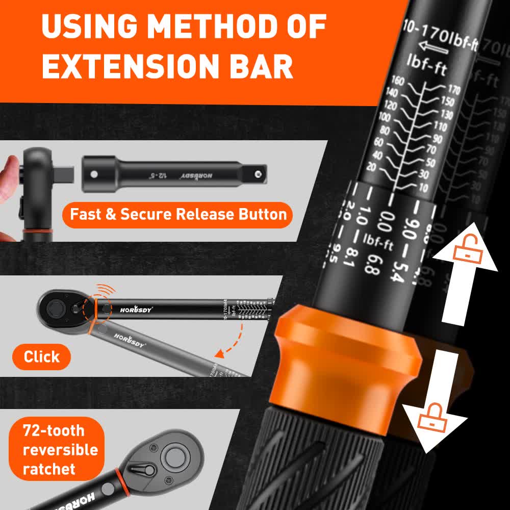 HORUSDY 1/2" Drive Click Torque Wrench Set, 13.6–230.5 Nm / 10–170 ft-lb, Dual Scale, ±3% Accuracy, Reversible Ratchet with Extension Bar & Adapter – Heavy Duty for Automotive & Mechanical Use