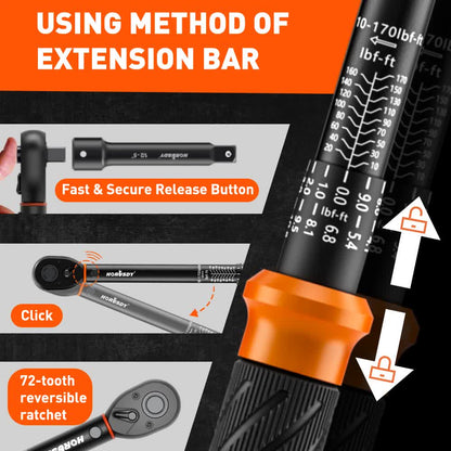 HORUSDY 1/2" Drive Click Torque Wrench Set, 13.6–230.5 Nm / 10–170 ft-lb, Dual Scale, ±3% Accuracy, Reversible Ratchet with Extension Bar & Adapter – Heavy Duty for Automotive & Mechanical Use