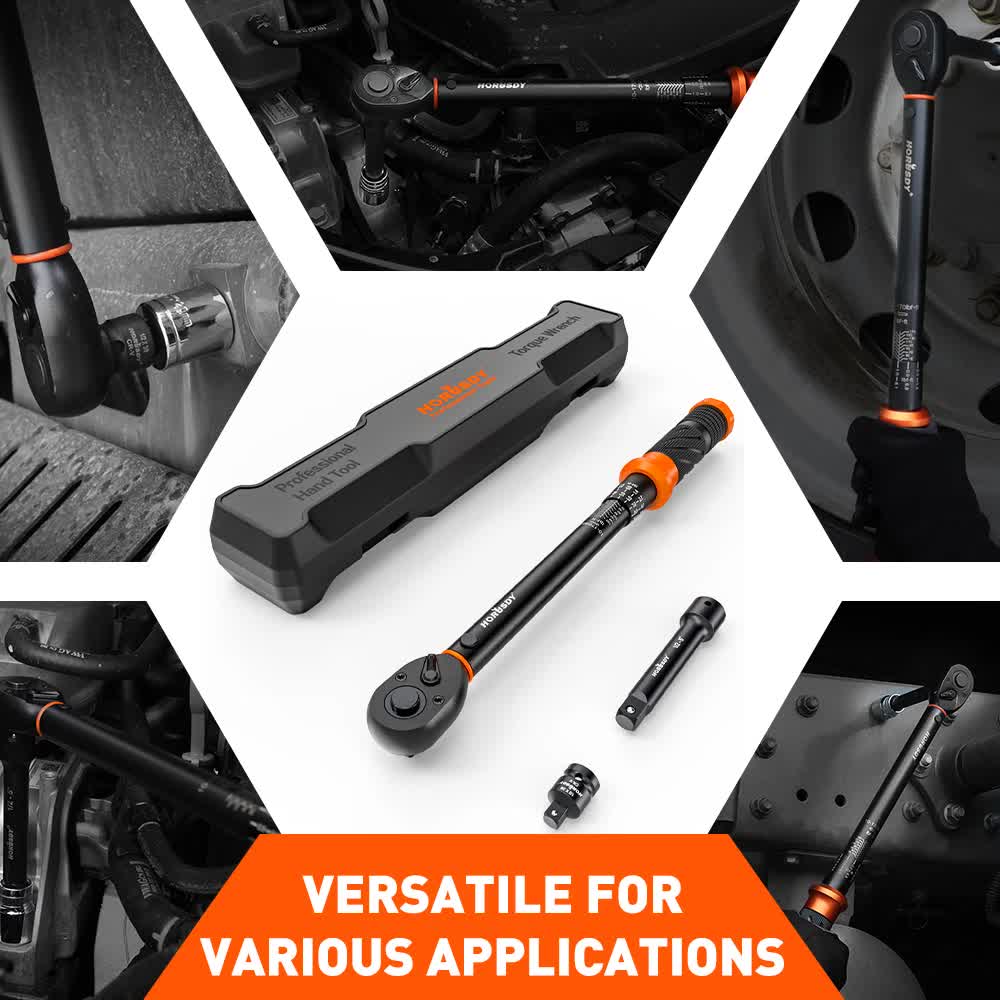 HORUSDY 1/2" Drive Click Torque Wrench Set, 13.6–230.5 Nm / 10–170 ft-lb, Dual Scale, ±3% Accuracy, Reversible Ratchet with Extension Bar & Adapter – Heavy Duty for Automotive & Mechanical Use