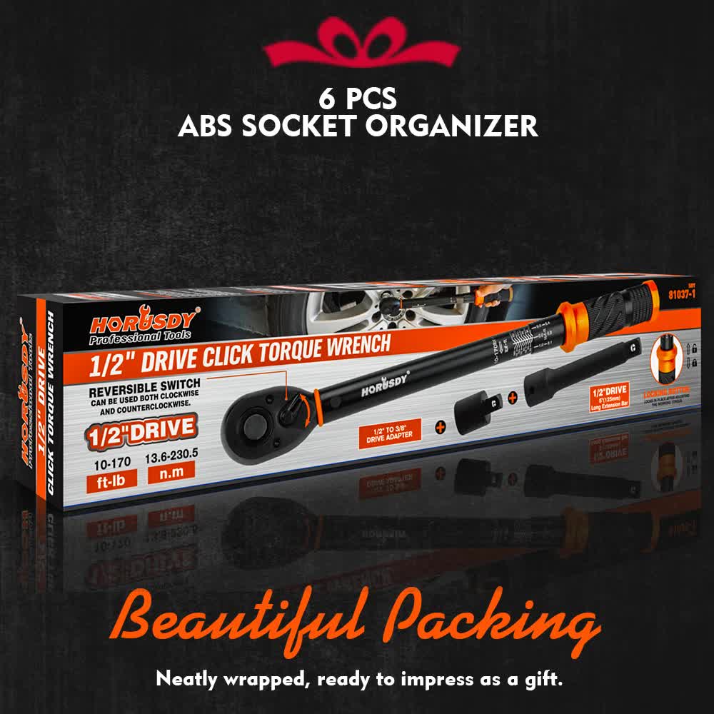 HORUSDY 1/2" Drive Click Torque Wrench Set, 13.6–230.5 Nm / 10–170 ft-lb, Dual Scale, ±3% Accuracy, Reversible Ratchet with Extension Bar & Adapter – Heavy Duty for Automotive & Mechanical Use